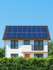 Fototapeta premium eco-friendly lifestyle. Modern home featuring solar panels surrounded by greenery under a clear blue sky.
