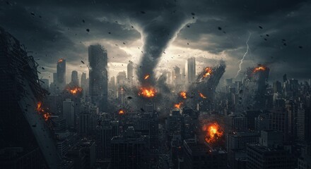 Fototapeta premium Cityscape with tornado and fire damage amidst dark storm clouds and lightning strikes overhead view