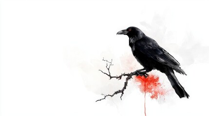 Fototapeta premium Raven Perched: A stark, artistic depiction of a sleek black raven, perched on a bare, weathered branch. Blood-red splashes add a touch of mystery and drama.