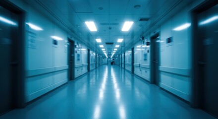 Obraz premium A long hospital hallway with doors and lights in a blue tone with a person at the end of hallway