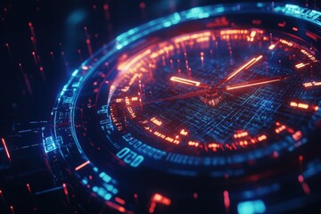 Futuristic digital clock with glowing circuits