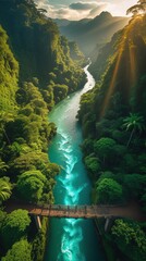 Majestic Rainforest Aerial View – Emerald Canopy, Turquoise River & Golden Sunbeams in 8K Ultra HD Drone Shot