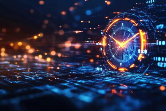 Futuristic digital clock, glowing with binary code and motion blur