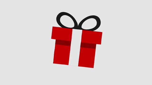 Animated The box and lid are red with a white stripe down the center front and a black ribbon tied in a bow on top