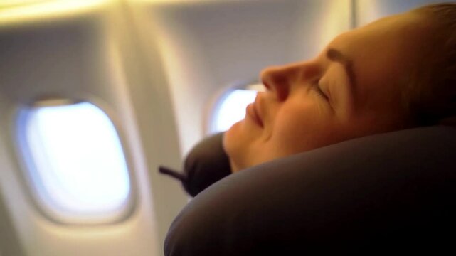 Relaxed woman sleeping peacefully with travel pillow, side view in airplane cabin, soft lighting on serene face, resting during flight, air travel comfort scene, calm passenger sleeping by window

