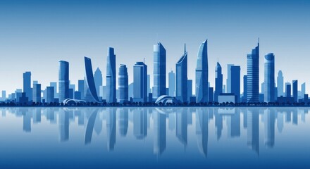 Obraz premium Blue cityscape skyline reflecting on water with tall buildings and skyscrapers in a modern city view