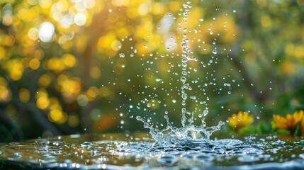 Close-up of a clear water droplet falling into a pristine lake, symbolizing purification and natural filtration. Fresh and clean water concept, environmental conservation and sustainability. 