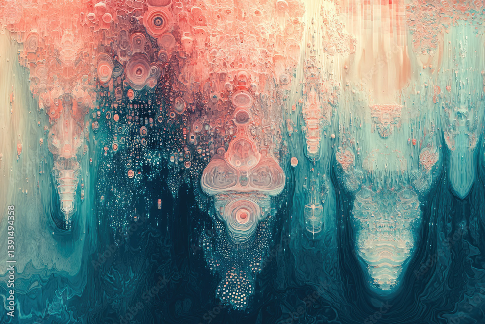 Poster Abstract artwork featuring swirling teal and coral paint, creating a mesmerizing pattern of bubbles and organic forms.