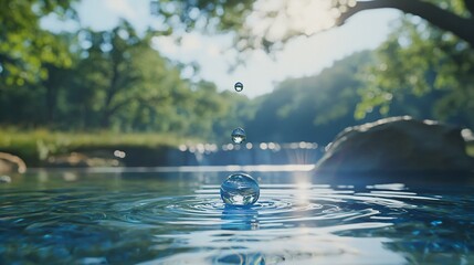 Close-up of a clear water droplet falling into a pristine lake, symbolizing purification and natural filtration. Fresh and clean water concept, environmental conservation and sustainability. 