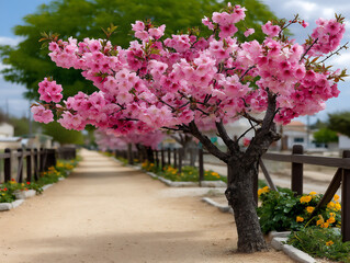  cherry blossom path, p: a path lined with blooming cherry blossom trees,