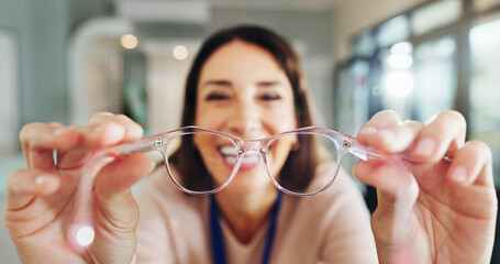 Glasses, portrait and view of customer with optometrist in hospital for appointment or checkup pov....