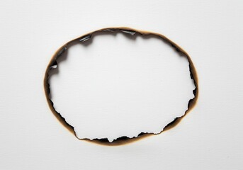 Close up of burnt paper with a circular hole in the center on a plain white background studio shot