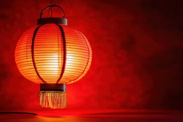 Obraz premium A vibrant red paper lantern hangs against a blurred, crimson background. Ideal for Lunar New Year greetings, Asian-themed designs, or festive layouts.