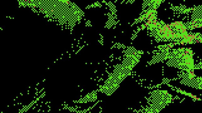 Pixelated abstract with green and black blocks, some red details on the blocks, creating a geometric pattern