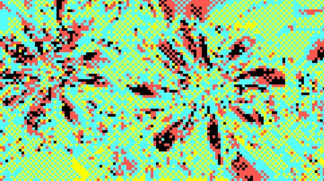 Pixelated abstract design with bursts of yellow, black, red, and blue colors on a light blue background