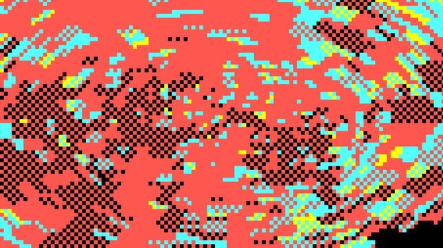 Pixelated abstract with red, cyan, yellow, and black dots creating a chaotic, textured visual