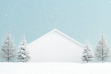 Naklejka premium Snowy White Barn and Trees in Winter Landscape with Falling Snow