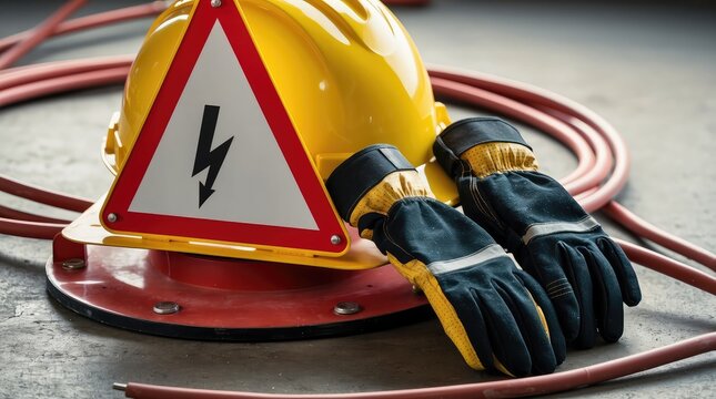 A yellow helmet and protective gloves placed on a high-voltage warning sign, with coiled electrical wires in the background, symbolizing workplace safety.
