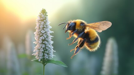 Close-up view of a bumblebee hovering near a flowering plant during golden hour, highlighting pollination in nature's ecosystem