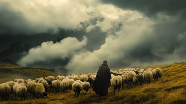 A cloaked figure herds a flock of sheep on a hillside
