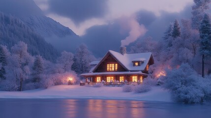 Fototapeta premium A picturesque winter cabin nestled in a serene snow-covered landscape near a frozen lake and surrounded by frosty trees