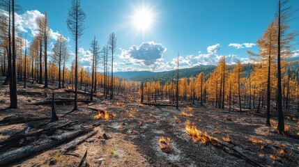 Burning forest with charred trees contrasts with sunny blue sky. Perfect to illustrate climate change, wildfires, or environmental impact.