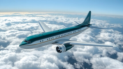 Fototapeta premium Airplane flying above clouds, teal and white.