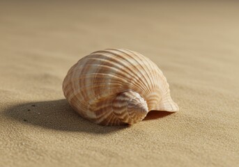 A close up of a seashell with ridges sitting on a sandy surface in a bright and sunny environment