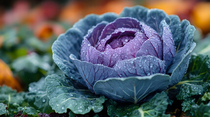 Obraz premium Close-up of a vibrant purple cabbage with dew drops, growing in a garden.