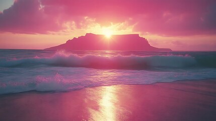 Vibrant sunset over ocean waves crashing on shore near a silhouetted island.