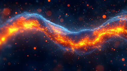 Stunning abstract representation of a cosmic wave of bright orange and blue particles with sparkling stars floating in a dark background