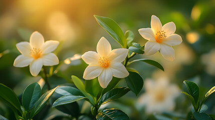 Fototapeta premium Close-up of delicate, creamy white flowers blooming in sunlight.