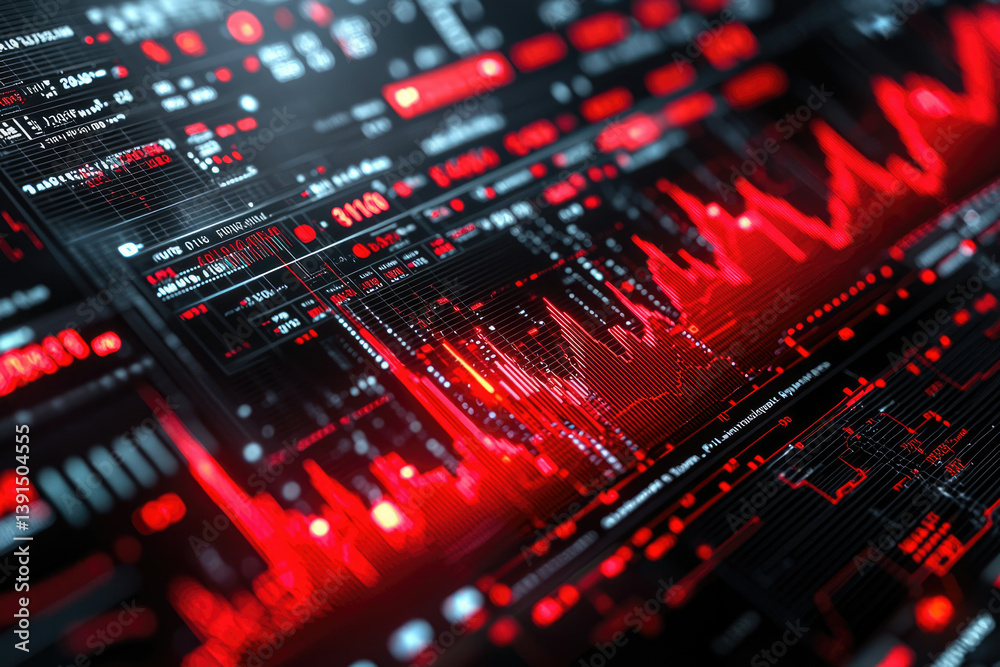 Poster red digital dashboard displaying fluctuating stock market data, illustrating financial trends and vo