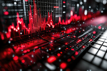 Red digital data streams and graphs displayed on a futuristic technological interface, suggesting market trends or financial data.