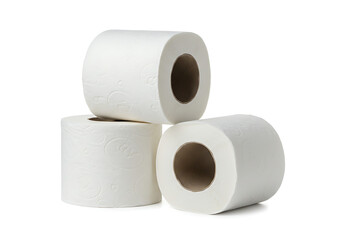 Stack of three rolls of white toilet paper on isolated on a white background
