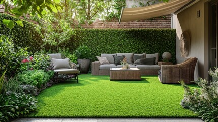 Cozy backyard patio with green grass and a comfortable couch arrangement. Perfect for depicting outdoor living, relaxation, or home design concepts.