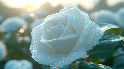 Close-up of a dewy white rose at sunrise in a garden.