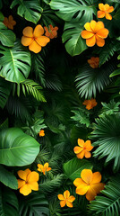 Naklejka premium Lush tropical foliage with vibrant orange flowers.