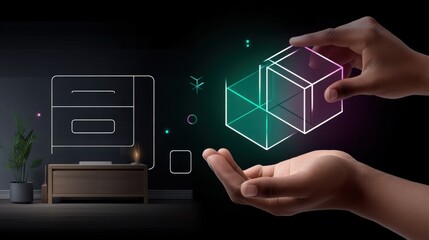Hands Manipulating Holographic Cube, Interior Background