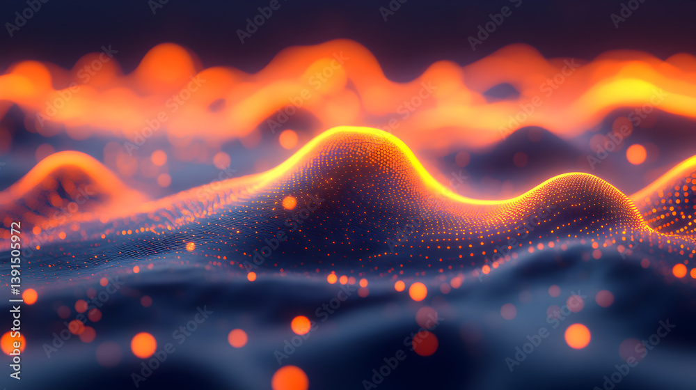 Poster abstract digital waves illuminated with glowing orange dots representing data visualization and tech
