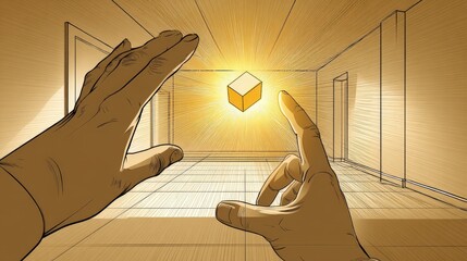 Hands Reaching for Glowing Cube in Hallway