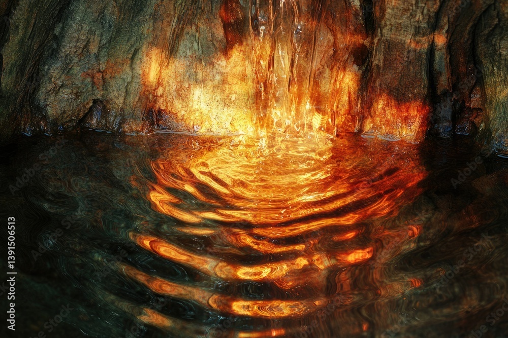 Poster water flowing in a cave with bright orange light reflecting on the water ripples creating a stunning
