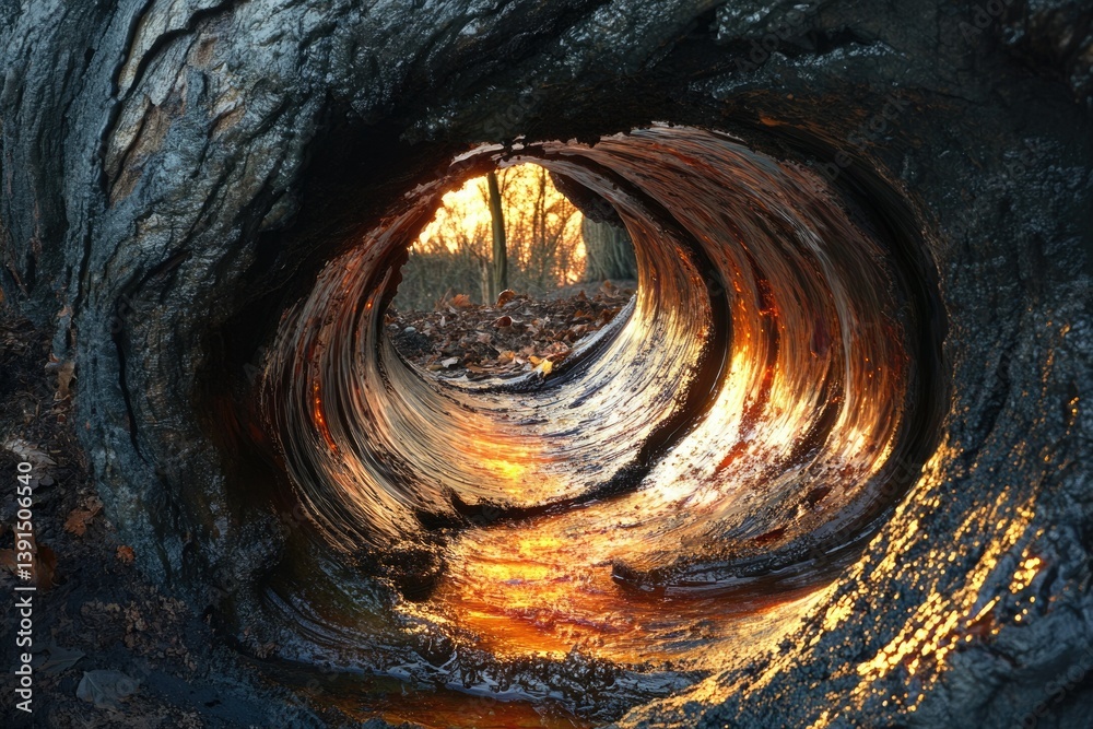 Aufkleber a tunnel-like opening in an old tree leads to sunlight illuminating a forest scene, creating a natur