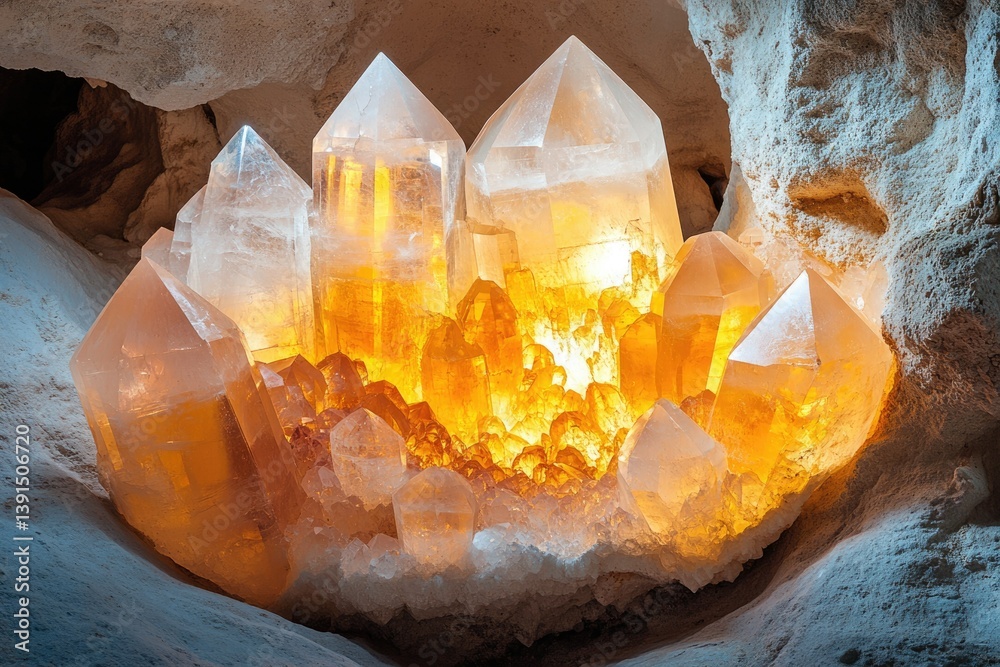 Poster a cluster of clear quartz crystals glows with inner light in a cave setting.