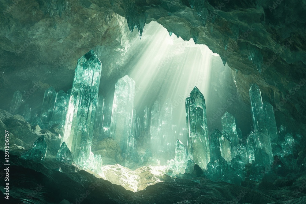 Poster a mystical cave illuminated by sun rays, showcasing an array of towering, translucent blue-green cry