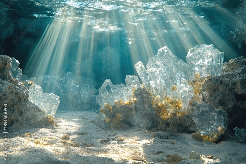Poster underwater scene featuring crystalline formations illuminated by sun rays filtering through the wate