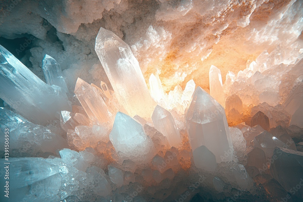 Aufkleber A mesmerizing cluster of translucent crystals illuminated by a soft, warm glow, creating a captivating and ethereal ambiance.