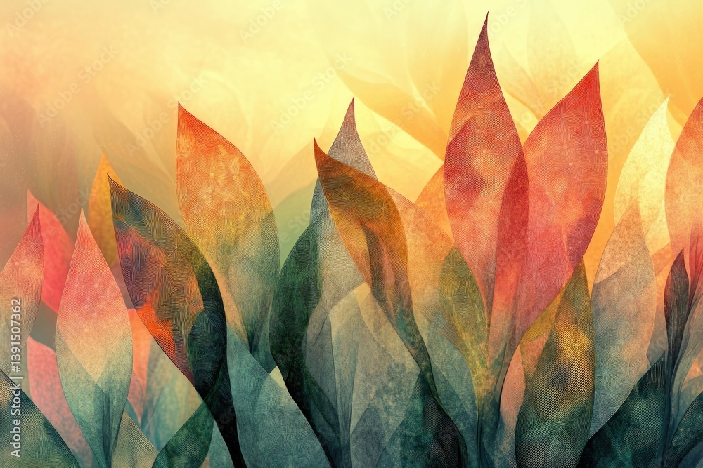 Poster abstract watercolor painting of floral forms with a warm color palette and translucent, layered effe