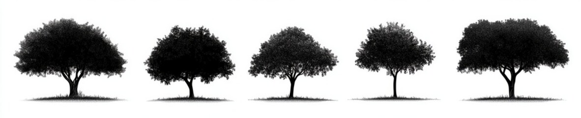 Fototapeta premium A collection of silhouette clipart showcasing a big oak tree