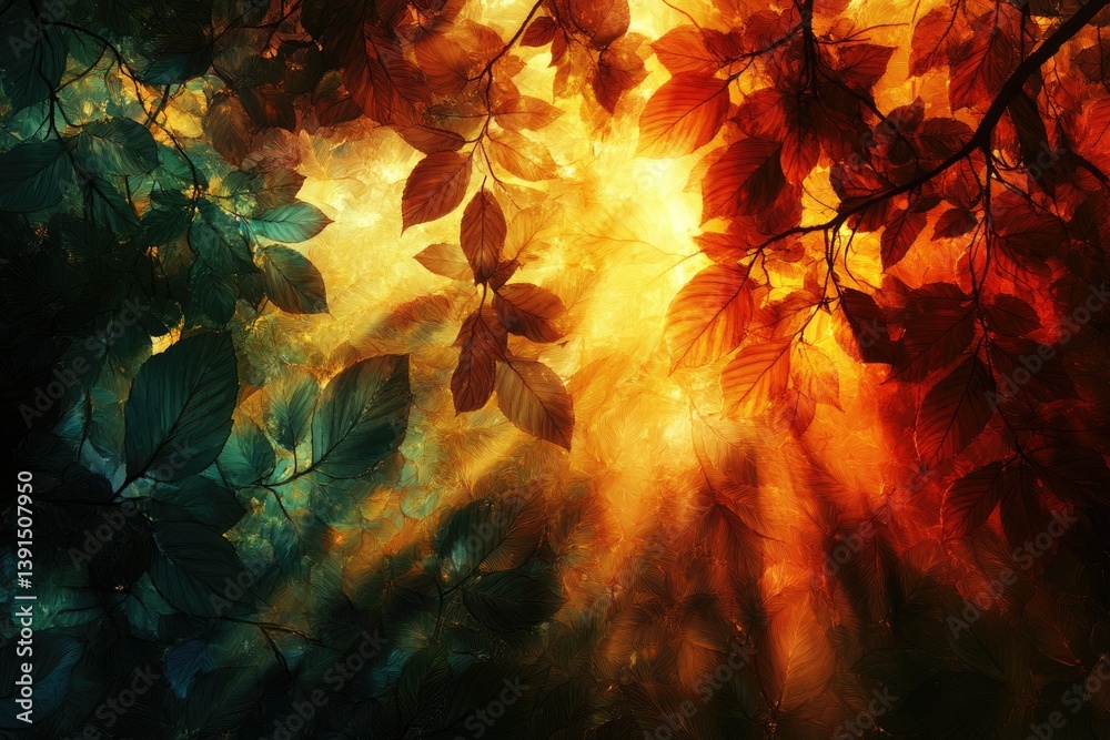 Poster a mesmerizing interplay of light and shadow through colorful leaves, creating a dreamy, autumnal abs